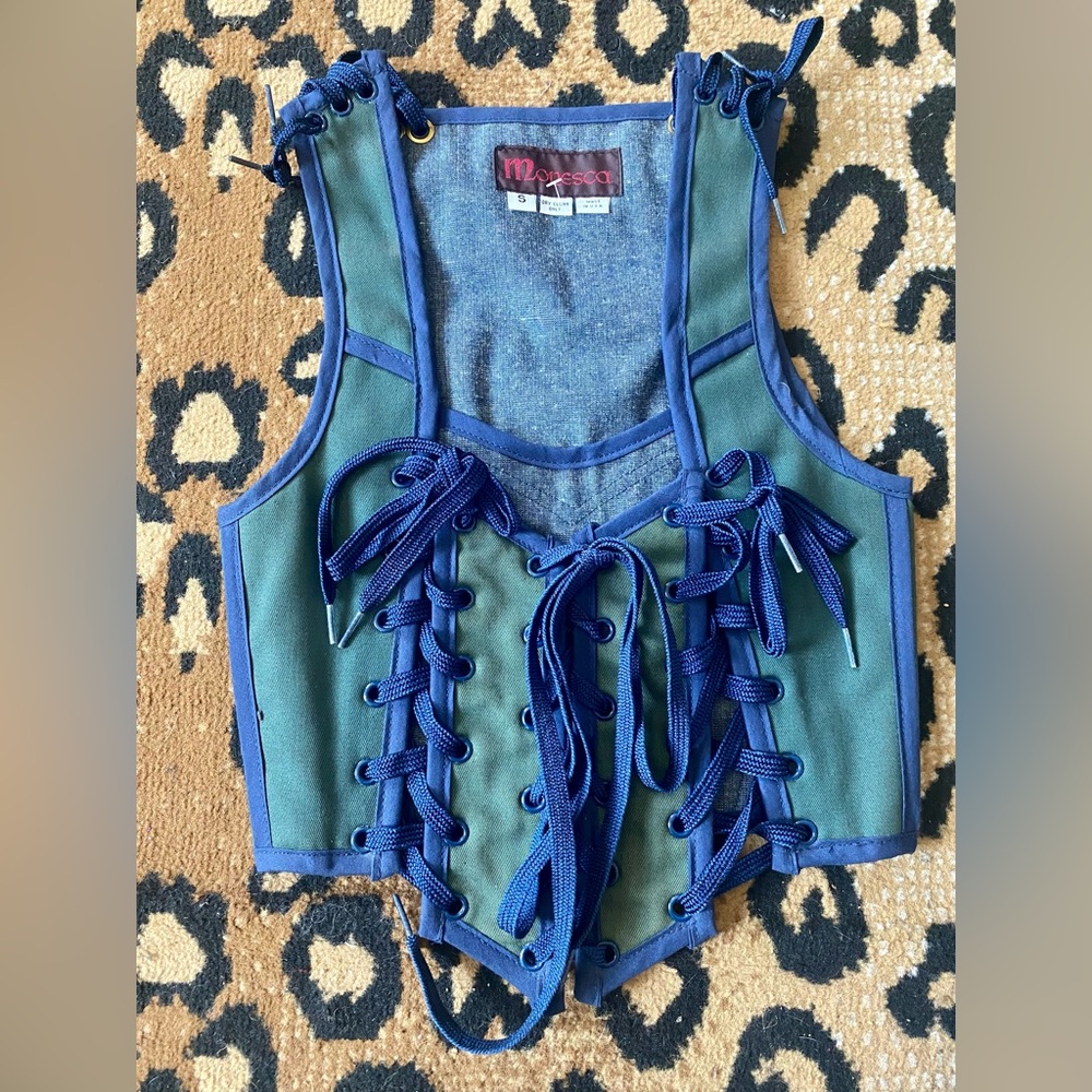 Green and Blue Moresca Boned Lace-Up Vest Renaissance Fantasy Costume Corset S